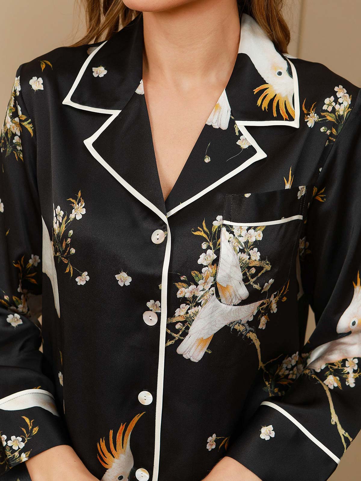 Set Pigiama Donna In Seta Pura Con Stampa Floreale Maniche Lunghe Con Pantaloni