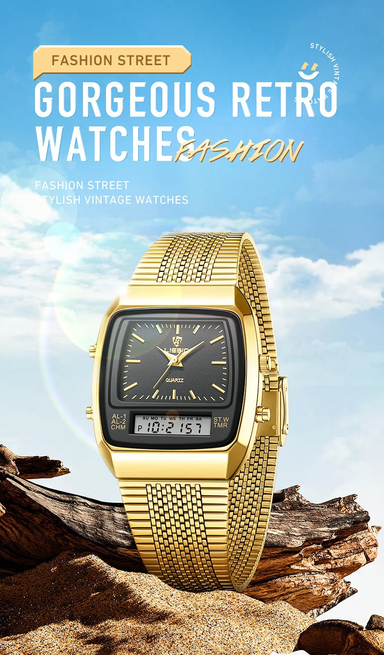 LIEBIG - Montre Numérique à Double Affichage pour Homme, Étanche, en Or