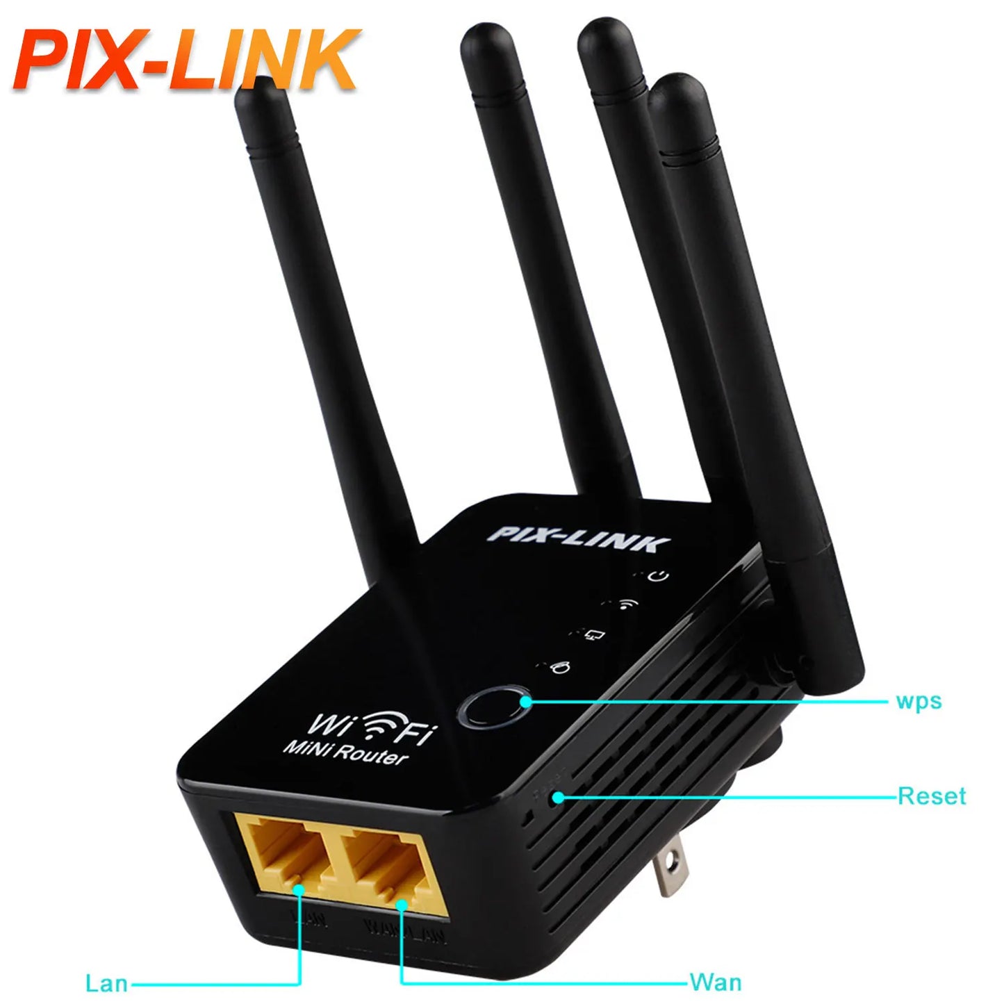 PIX-Link WiFi Répéteur amplificateur de Signal, 4 Antennes Externes 2.4GHz Haute Vitesse 300Mbs Wi-FI