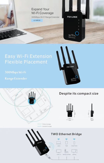 PIX-Link WiFi Répéteur amplificateur de Signal, 4 Antennes Externes 2.4GHz Haute Vitesse 300Mbs Wi-FI